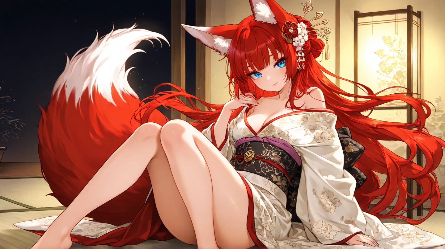 With delicately pointed fox-like ears atop her head and nine voluminous, fluffy tails cascading behind her, the enchanting figure before us embodies a mystical and ethereal beauty. This stunning portrayal, whether in a painting, photograph, or digital art, captures every nuance of her otherworldly allure. The vibrant colors of her fur, a mesmerizing blend of fiery oranges and soft creams, seem to shimmer and dance in the light, highlighting the intricate details of each tail and ear. The image is so exquisitely rendered that one can almost feel the softness of her fur and hear the gentle rustling of her tails as she moves. It is a masterful work of art that immerses viewers in a world of fantasy and wonder. and make her more sexy by giving her very big  and ass give her a  h cup chest. and a small beauty spot on her right breast. anime-style Japanese hair, shiny crimson hair, Her dress has a beautiful shimmering pulsating gold pattern that gives it an extraordinary look, golden butterflies fly next to the heroine, with their ethereal Japanese beauty (23 years old). A single lock of hair accentuates her delicate features, and she is adorned with sparkling gems.Her expressive eyes shine with emotion, and her slender figure is complemented by her fair skin. This stunning character comes to life through digital painting. milky white and sky blue and mint green.black Belle Époque floral dress. her eyes are bright and shiny. her frock reaches her ankle. give her a night time back groung walking among sakura tress with golden butterflies fly next to the Girl. her nine-tails flowing beautifully behind her clearly visible and she is wearing a nice japnese style sandals.colored inner hair, multicolored hair, STOCKING WITH GOLD DESIGNS