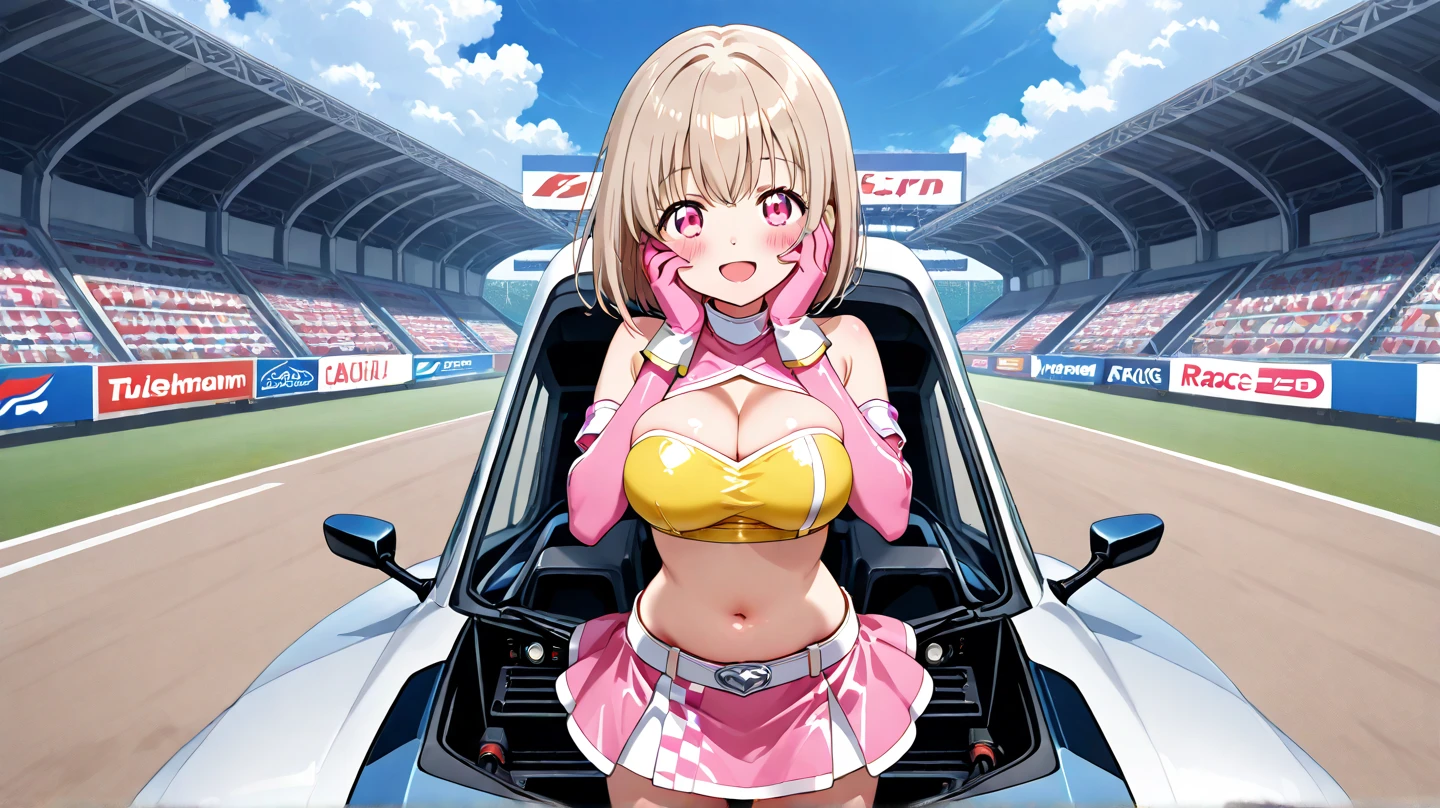 ((masutepiece, Best Quality, hight resolution, nffsw, Perfect Pixel, depth of fields, 4K, )), 1girl in, Solo, , Beautiful anime girl, Beautiful Art Style, close up, Looking at Viewer, Perfect body, side shot, Yuigahama Yui, Short hair, pink hair, hairbun, (large boob), sitting, black playboy bunny outfit, smile, hands on knees, blank white background
