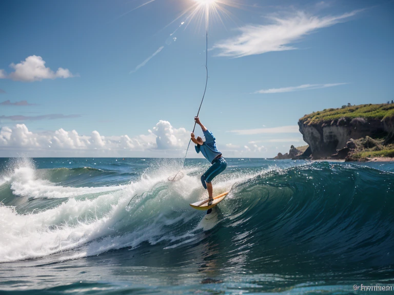Young man kiteboarding on a giant wave