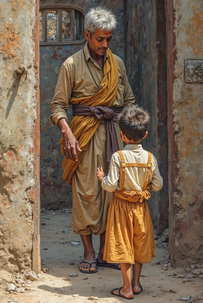 Create an image where you can see an image taken by a security camera (from above) In the 90s, a 30-year-old Colombian man with a dirty appearance, with his back turned and his face not visible, dressed as a priest (with hair ) holding a child&#39;s hand (also from behind)