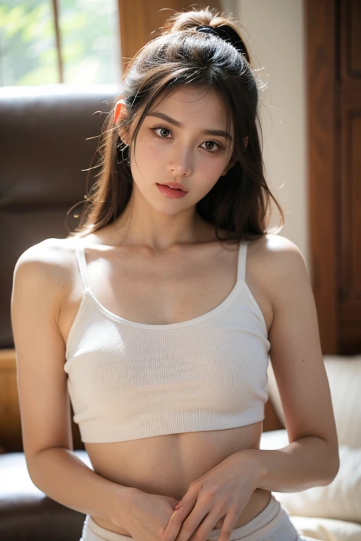 Night, ((1girl, one girl topless wearing underwear, openlegs, arrousing, temptating pose on the stair, camel toe)),( rich detail, crisp detail, sharp image, 8k RAW photo, highest quality, High resolution:1.1), (hyperrealistic:1.4),(realistic, photorealistic:1.3), soft light,realistic face,realistic body,realistic skin,disorganized,masterpiece,(cute:1.8), 165cm height, , (((baby face, round face))), ((Beautiful big breast)), ((medium length, smooth straight hair, (dark hair)), hair),fine black eyes,innocent eyes,droopy eyes,Watery eye,open lips,blush,good style,colorful lights,film Grain,,look viewer,((full Body photograph)), teenager,proional lighting,portrait,photon mapping,radio city,Physically based rendering,shot from below.