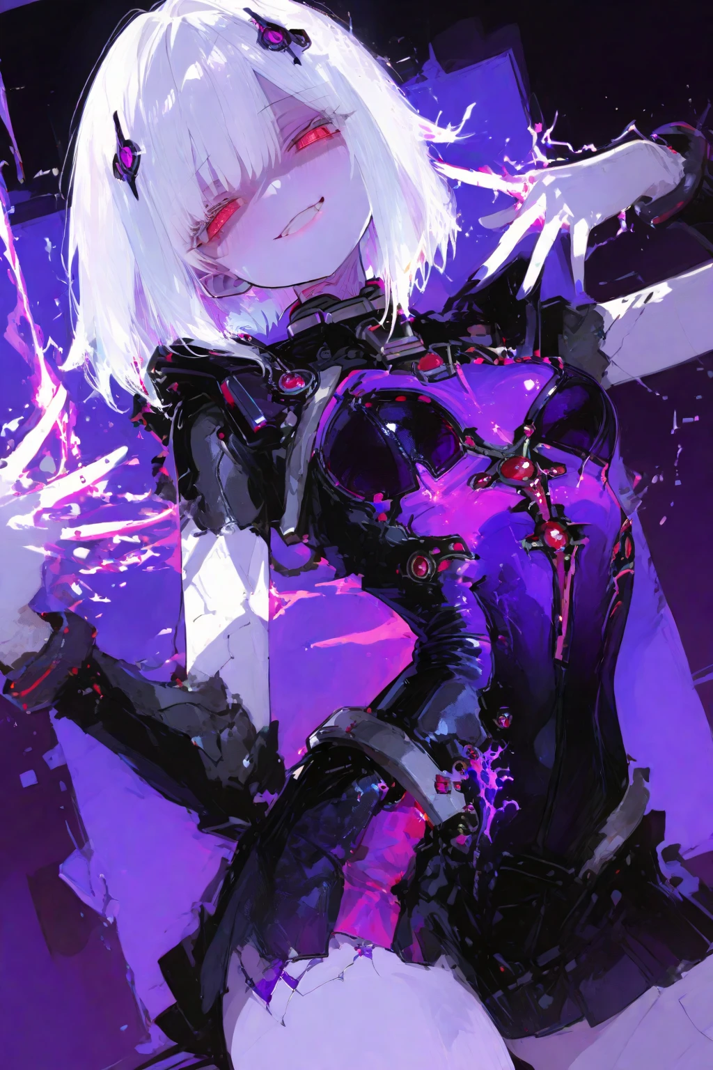 echanis_enicha, background, incredible high-key lighting, masterpiece, high quality, ambient soft lighting, 4K, 1girl, alternate breast size, belly, breasts, big breasts, glowing, long hair, feathered bangs, bangs, feathered hair, navel, solo, stretching, arms raised, hands behind head, armpits, purple theme, simple background, futuristic, pale skin, gleaming skin, synthetic skin, thick, curvy, bodysuit, sleek bodysuit, techsuit, ahoge, looking at viewer, thigh highs, thigh strap, skindentation, navel, navel window, tight, translucent antennae, casual stance, android, artificial humanoid, underboob, boob window, single eye patch, brilliant eye, sparkling eye, skinkintight, cybernetic, asymmetrical clothes, best quality, realistic, absurdres, perfect shadows and lighting,