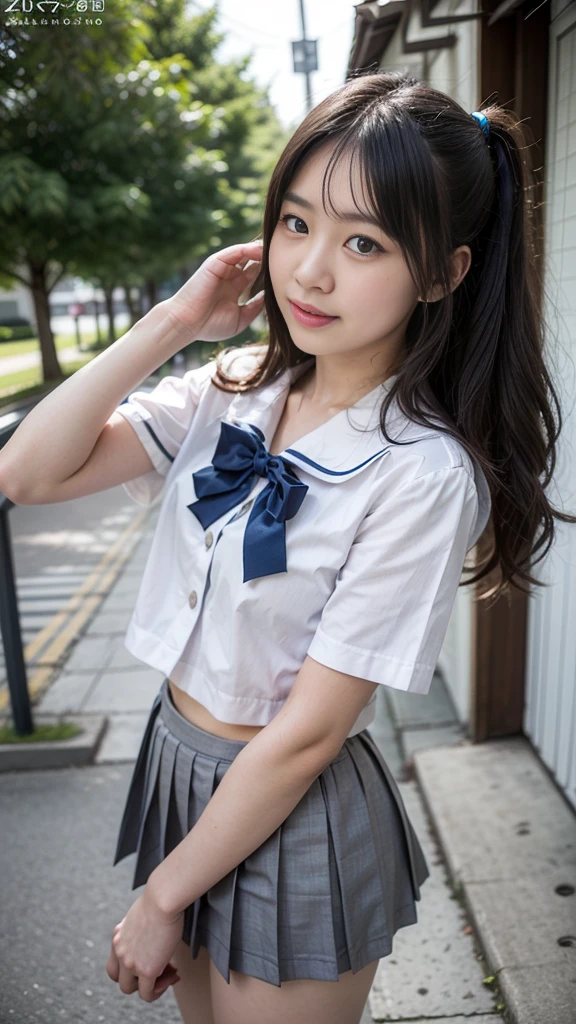 Girl Standing In Schoolyard,Red bow tie and white shirt,White Long Compression Shorts,Navy Blue School Blazer,12year old,Bangs,A little smile,Small breasts,thighs thighs thighs thighs,Knees,Crotch,Low ponytail,From below