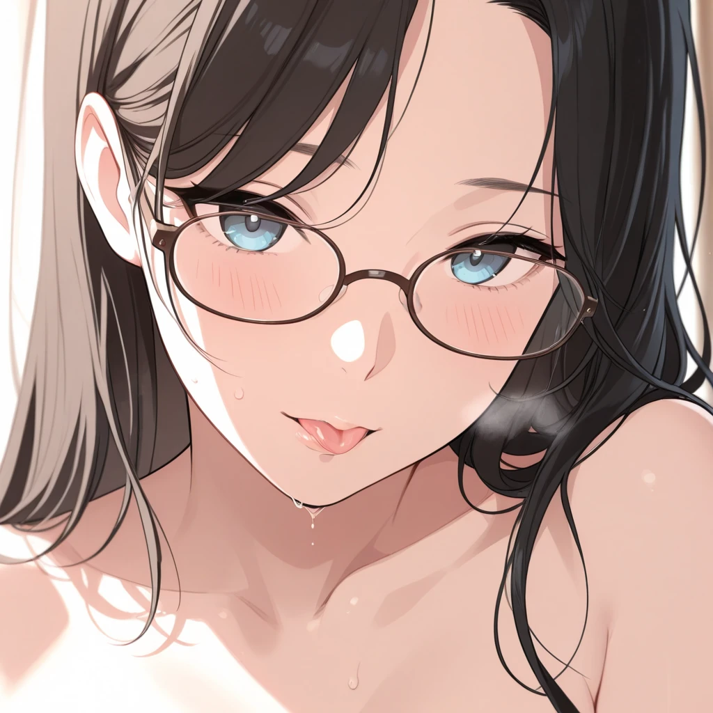 Dark brown eyed girl with long curly brown hair, with black glasses, naked chichona with 2 silver necklaces