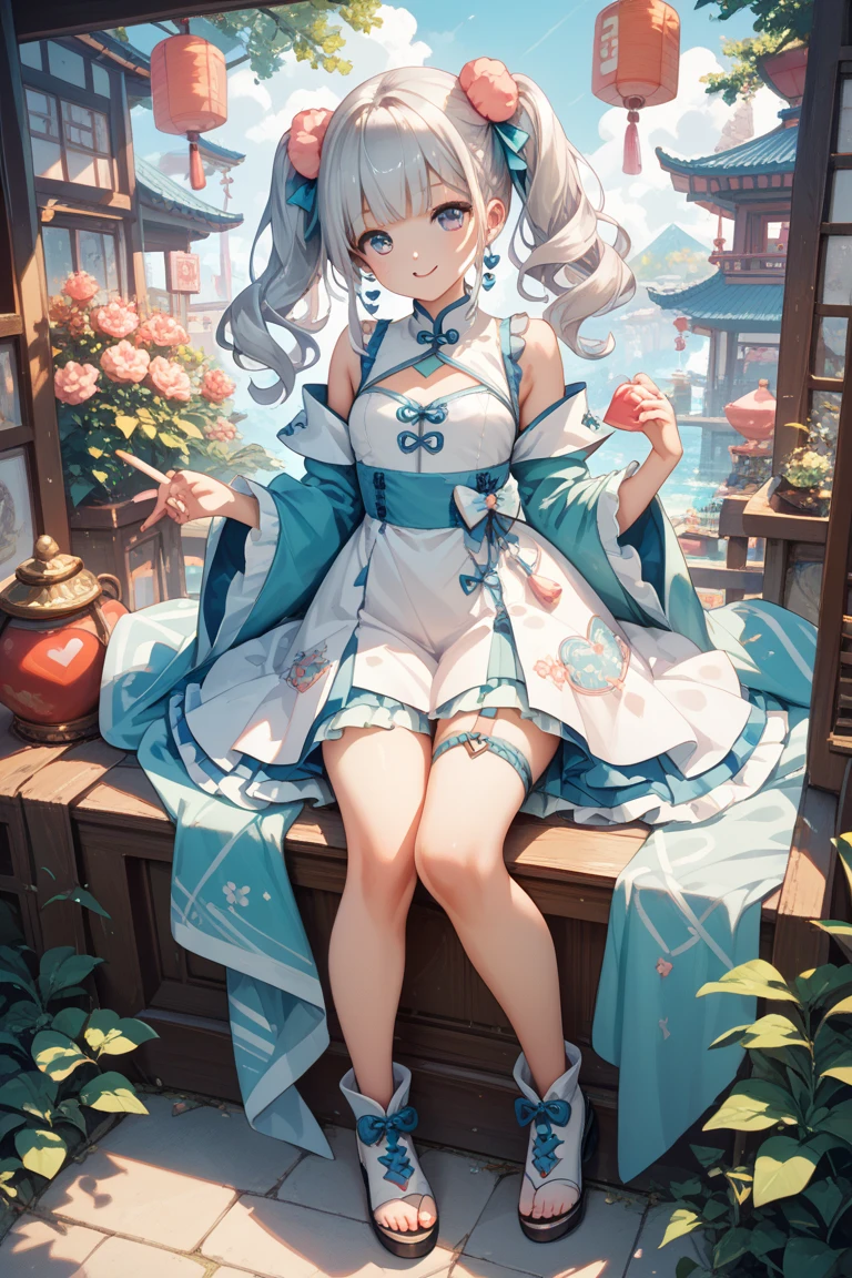 A bikini、Blonde girl wearing hat and silver accessories ,elegant, Pointed ears ,cheongsam,Waist-length hair,Smile,Star decoration,White lace socks,thorns,Rose,Vest line