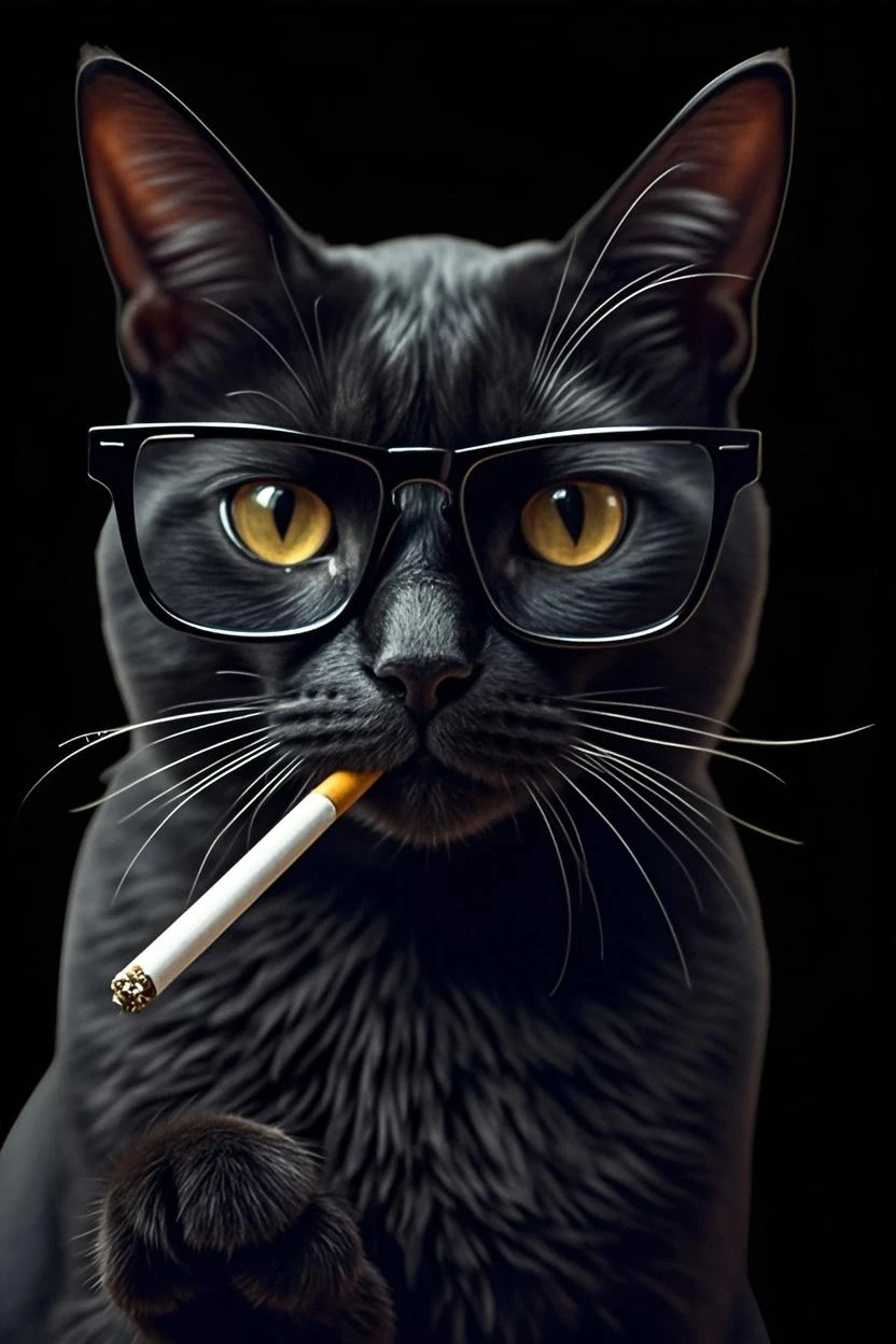 "A black cat wearing sunglasses and smoking a cigarette. The cat should have a cool and relaxed expression, with the smoke curling upwards. The background should be simple to keep the focus on the cat."