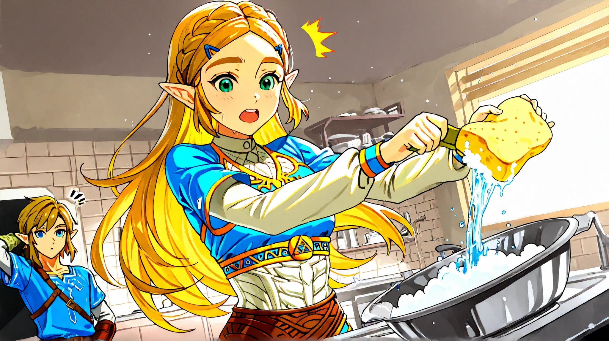 1girl, princess zelda, battle uniform, kitchen background, she is holding an sponge, Washing dishes, battle pose,1boy, link on beheind, he is holding more plates, she is surprised, he is desconsetrating, masterpiece, score_9, score_8_up, score_7_up, high resolution, anime_source