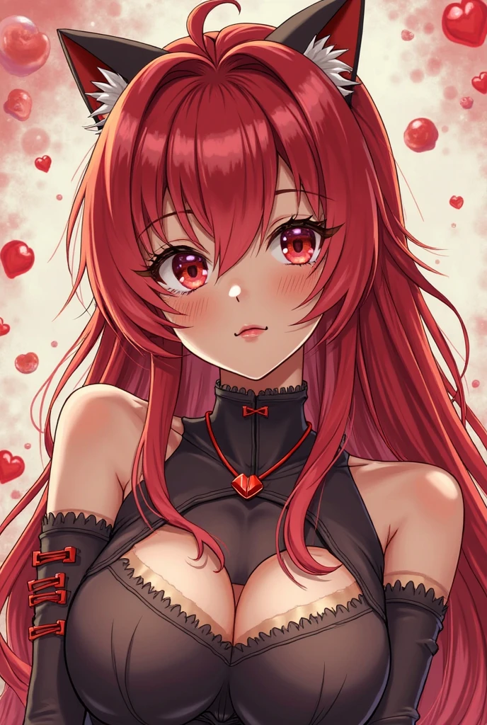 (( barbie red dark green hair color)), pink eyes,sexy woman, cat ears, hearts, floating hearts, face only, long hair, smiling, hair ornament, up close face, closed mouth smile, up closeface, hair bows, sexy body