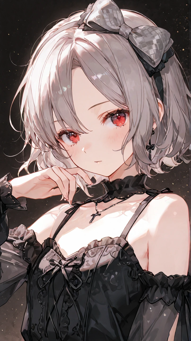 (top-quality、masterpiece、high-level image quality、Super delicate)、((a beauty girl))、(Smooth dull silver hair)、(curly short hair、Long bangs)、Yellow eyes like a brilliant sunset、Black Choker、Black shirt、Idle Streamer、Moderately large breasts、(dark circles under the eyes)、glamor