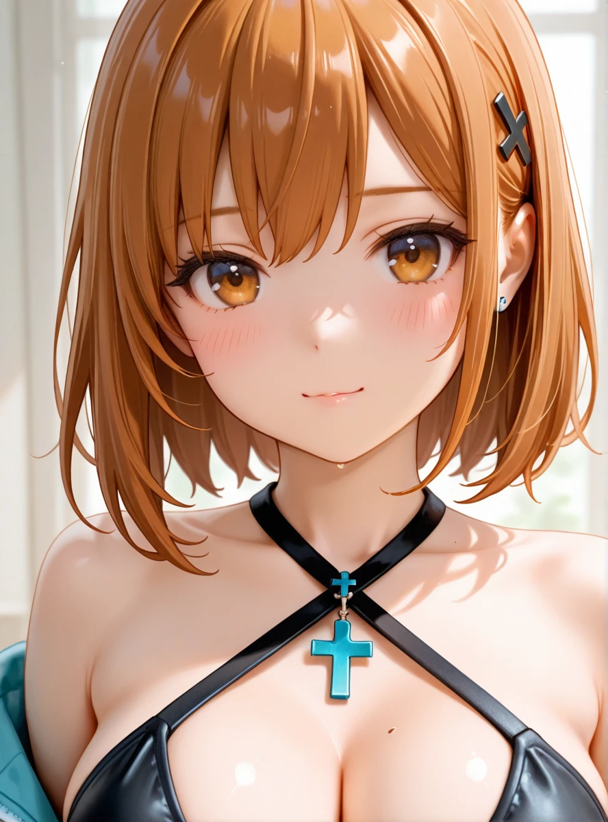 (dynamic angle),in the poolside, sitting, pale Light orange Hair, long hair, twintails, hair black ribbon, girl1, upper body, completely nude, (small nipples:1.2), (small areolas:1.2), kawaii, cute, pale purple eyes, (shy), (blush),evil smile,