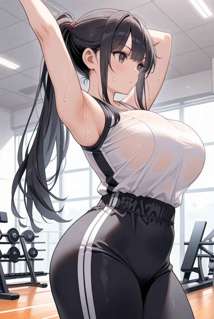 gym, workout, hot, sweating, sweaty, tan, big boobs, tan skin, flustered, blush, purple clothes, see thru, yoga pants, black hair, curvy woman, sexy, lifting, lifting heavy, purple clothes, big boobs, see through, looking to the side, side glance