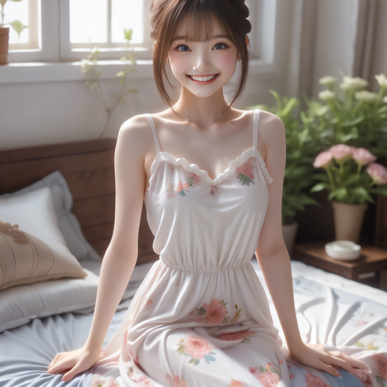 1 lady, 20 years old,whole body, big smile, flower pattern nightgown, white frills,,my elegant bed,sitting on the bed,8k,masterpiece,