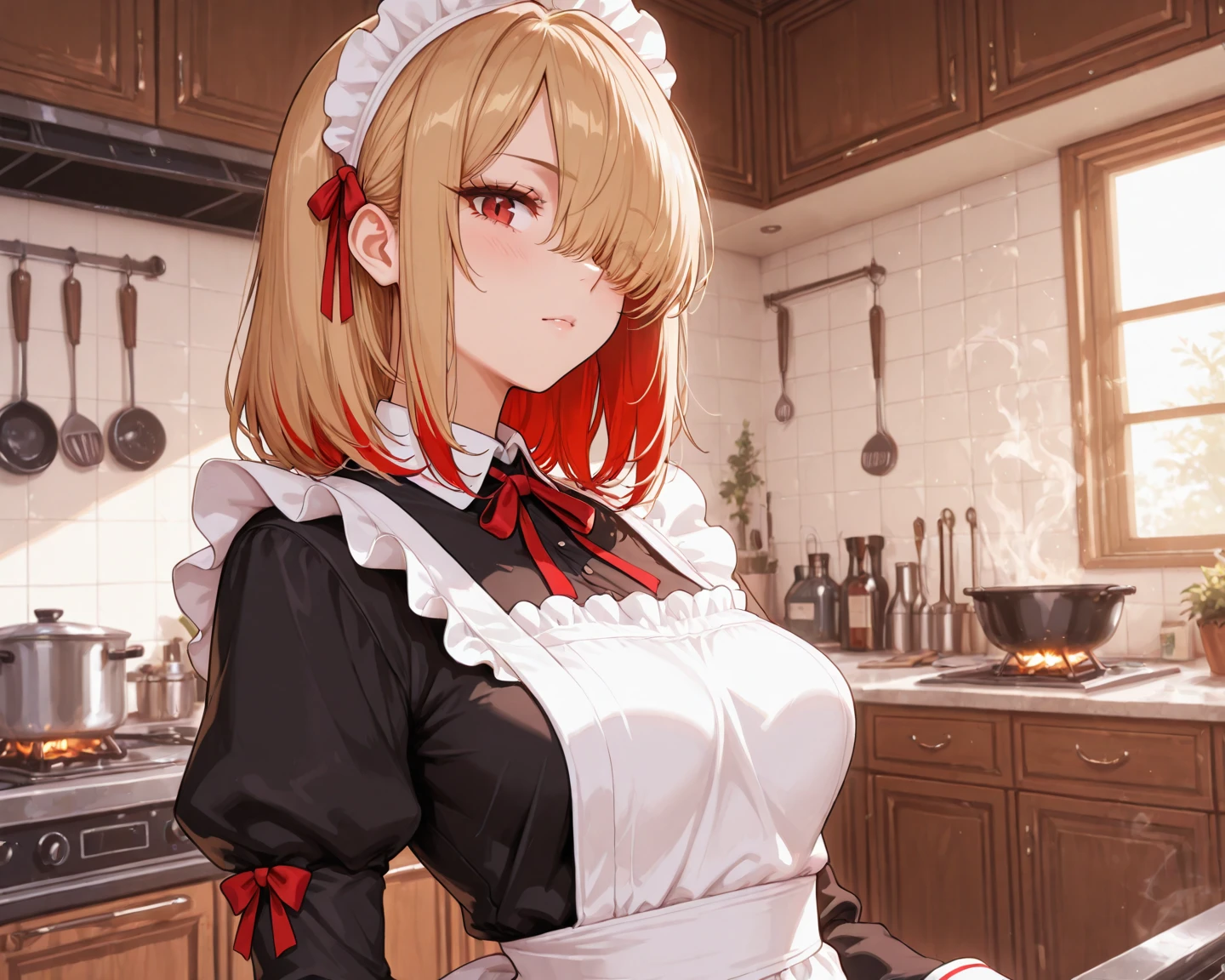 (dynamic angle:1.3, from front:1.1, breast focus:1.3, from above:1.2), (dynamic posing:1.5, sexy posing:1.3, leaning forward), (seductive smiling:1.3),masterpiece, 1girl, pointed chest:1.3,(double breasted:1.2,under bust:1.2), Amazing Cleavage:1.3, thin waist, big ass, Raised sexy, small breast: 1.2 posed cleavage:1.1, looking at viewer, open mouth, platina bronde hair, blue eyes, bare shoulders, collarbone, sidelocks, hairband, sapphire earrings, indoors, red off shoulder sweater dress, arms behind back, short hair with long locks, blue gold hairband, big side hair, very long side hair is rendered in (masterpiece: 1.2, best quality), with (ultra high resolution) and an exquisite (depth of field). This masterpiece is not only visually stunning but also tells,A scene of cooking in the kitchen