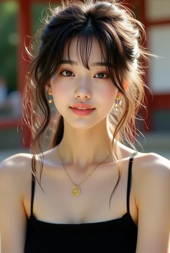 film portrait photography, 1girl, bare shoulders, wavy shoulder-length hair, serene, calm, (realistic detailed eyes, natural skin texture, realistic face details), soft dramatic lighting, depth of field, bokeh, vibrant details, finely detailed, hyperrealistic, 35mm film, hazy blur, filmg,sexy pose, smile