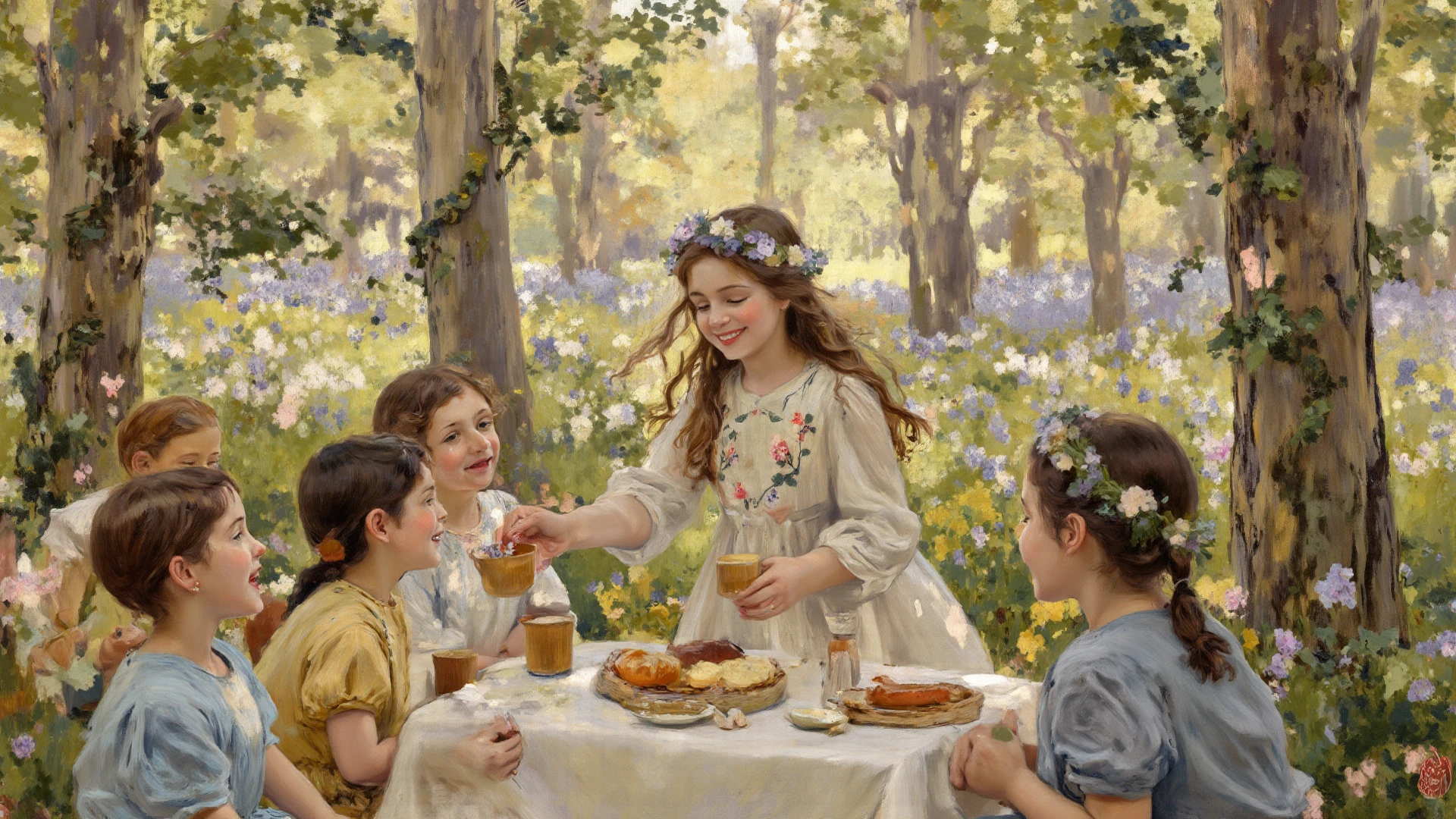 A plump white-skinned woman with brown hair in Russian clothes and a little girl are sitting near a samovar on a picnic in nature