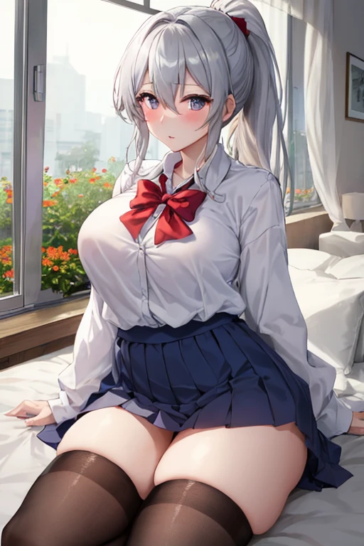 (8K, Best Quality, Masterpiece:1.3)), Ultra High Resolution, (1 Girl, 1 Person), (Color Changing Eyes, Super Detailed, Expressive Sparkle, Sparkling, Glowing Eyes), Highly Detailed Eyes, Highly Detailed Face, Random Hair, (Silver Gray Color), "Woman Wearing an Open-necked Blazer". The background is the school nurse's office, lined with beds and curtains. It is after school, and the soft light from the window warmly illuminates the entire nurse's office. The woman is captured at an angle that emphasizes her upper body, and her silver hair is tied in a side ponytail.
She is wearing a dark blue blazer with a wide open neckline. The V-shaped cut of the blazer emphasizes her chest, and underneath you can see a cute white and pink striped bra. The bra has small ribbon and lace details, and the fabric of the blazer fits her body. The skirt of the uniform is above the knees, and the front of the blazer appears to be slightly open.
She is smiling shyly, blushing a little. Her figure blends in with the tranquil atmosphere of the nurse's office, and the lighting in the background adds a soft glow to the whole image.