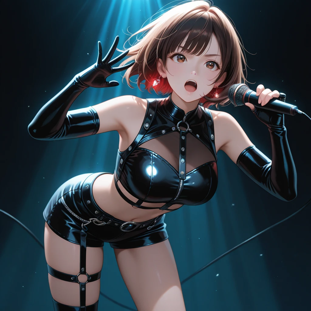 A beautiful adult woman with shoulder-length big breasts, beautiful legs, and a sharp face is holding a microphone and singing in the studio wearing a black tube top that exposes her navel and hot pants shaped like black panties.。