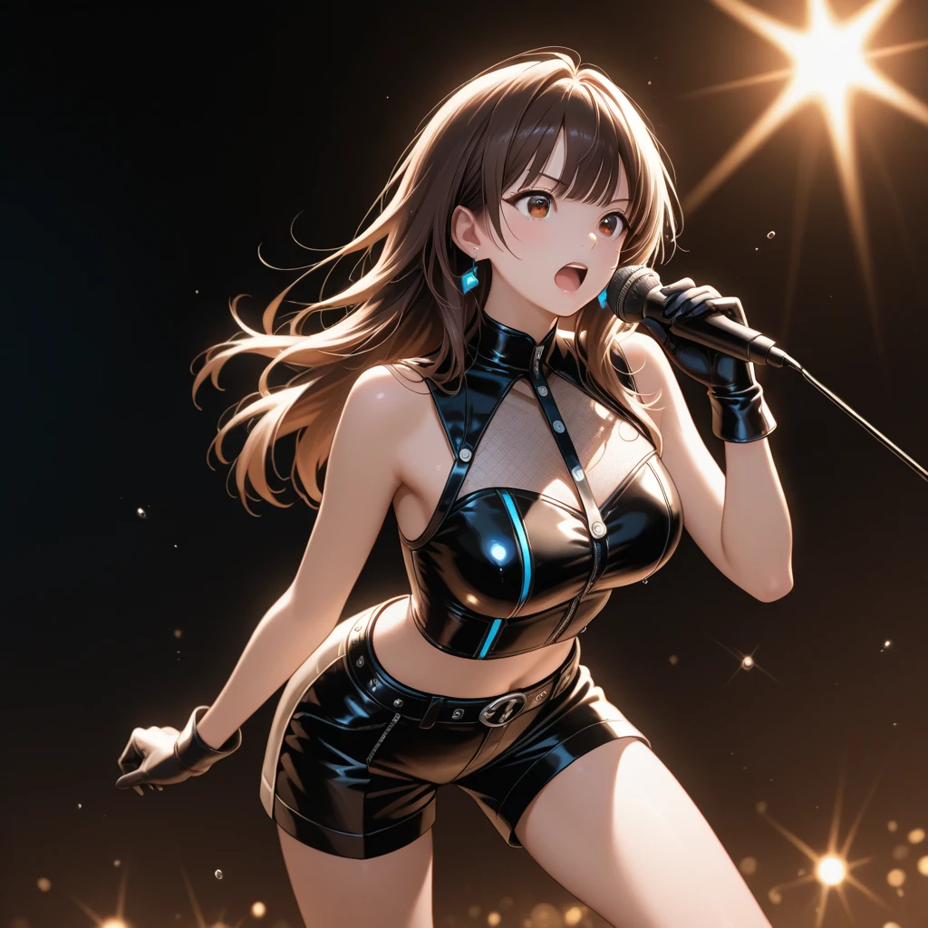 A beautiful adult woman with shoulder-length big breasts, beautiful legs, and a sharp face is holding a microphone and singing in the studio wearing a black tube top that exposes her navel and hot pants shaped like black panties.。