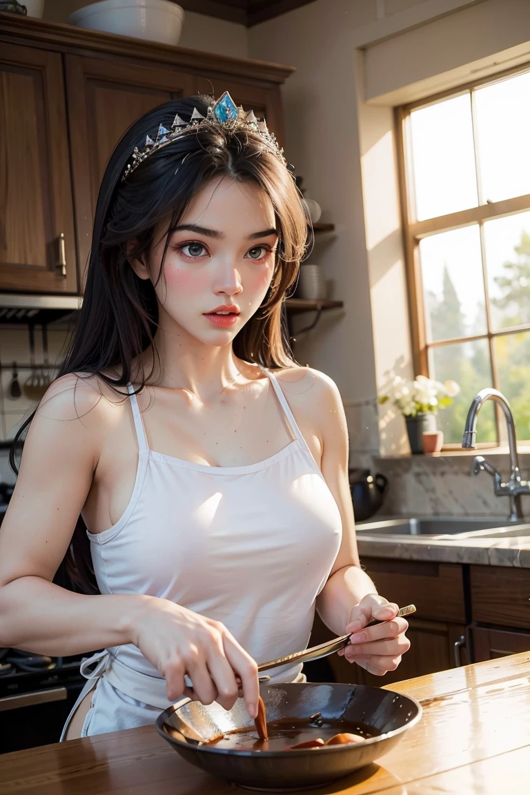 Beautiful sexy woman posing in kitchen, ((chef's hat)), tuned abs exposed in bikini