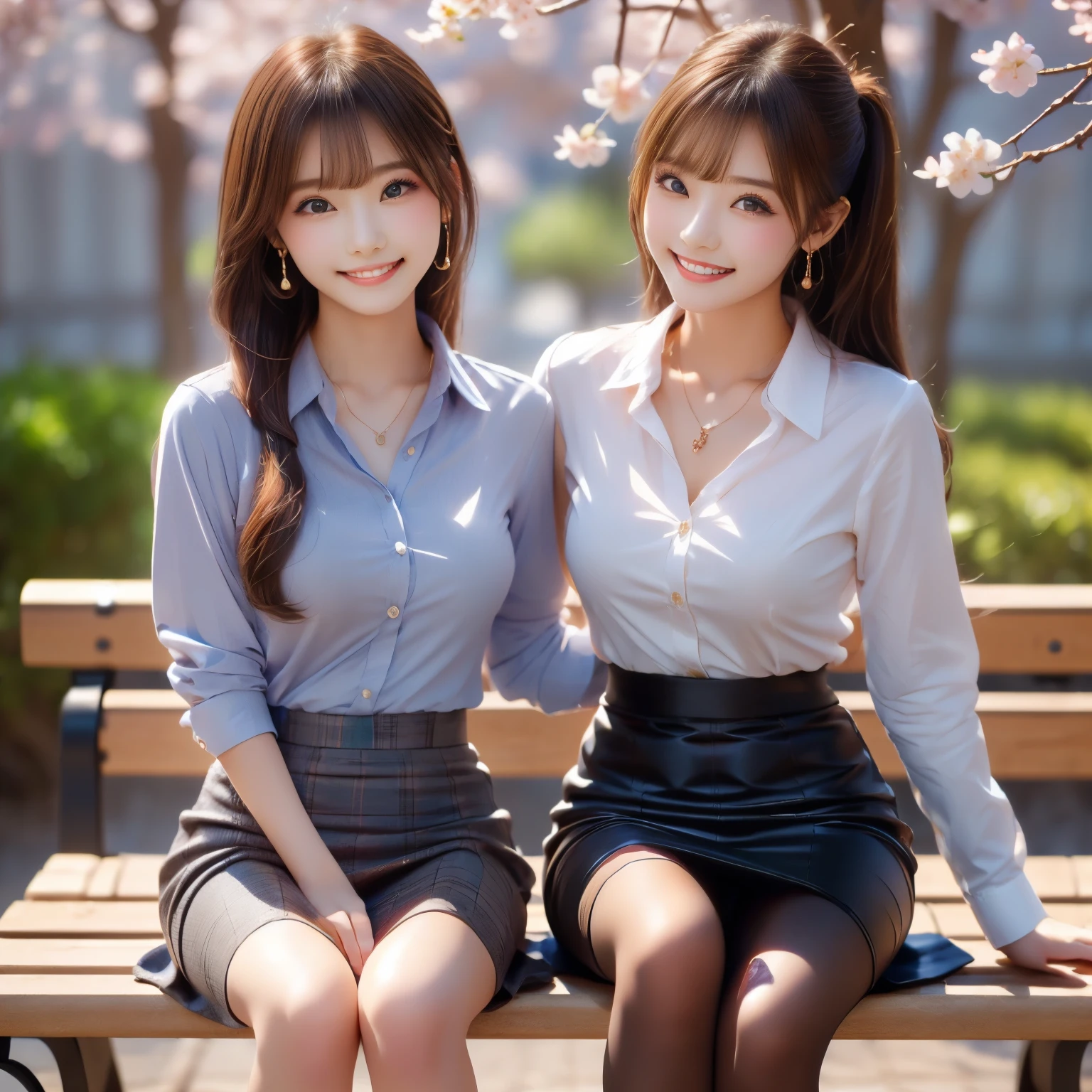 (masterpiece,best quality: 1.4),(8k,raw photo,photo realistic:1.2),shiny skin, detailed skin,detailed face,detailed eyes,Japanese idol,beautiful face,Cherry blossom trees.cherry tree at the entrance ceremony.Two beauties.2 are beautiful Japanese women.twin tails.side tail.2 are unsurpassed beauties.1 is blonde.(((2 are wearing business shirts))).(((2 are wearing pencil skirts))).(((The two are wearing black hose))).2 are wearing heels.2 have well-defined faces.((2 people are smiling and staring at us)).2 are wearing natural makeup.((2 have big and beautiful legs)).2 are wearing necklaces and earrings.(((The two are snuggling up and sitting on the bench))).