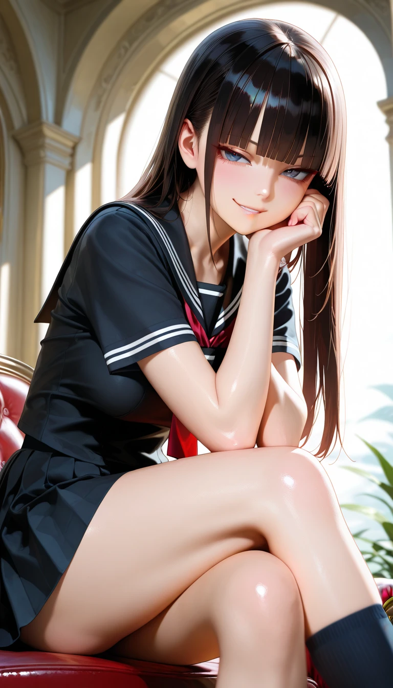 On the train,train interior,(best quality,4k,8k,highres,masterpiece:1.2),legs spread,smirk,evil smile,smug,front view of seat,eye contact,nude,bare,perverted,shy,embarrassed,high blush,cat girl,school girl,catgirl