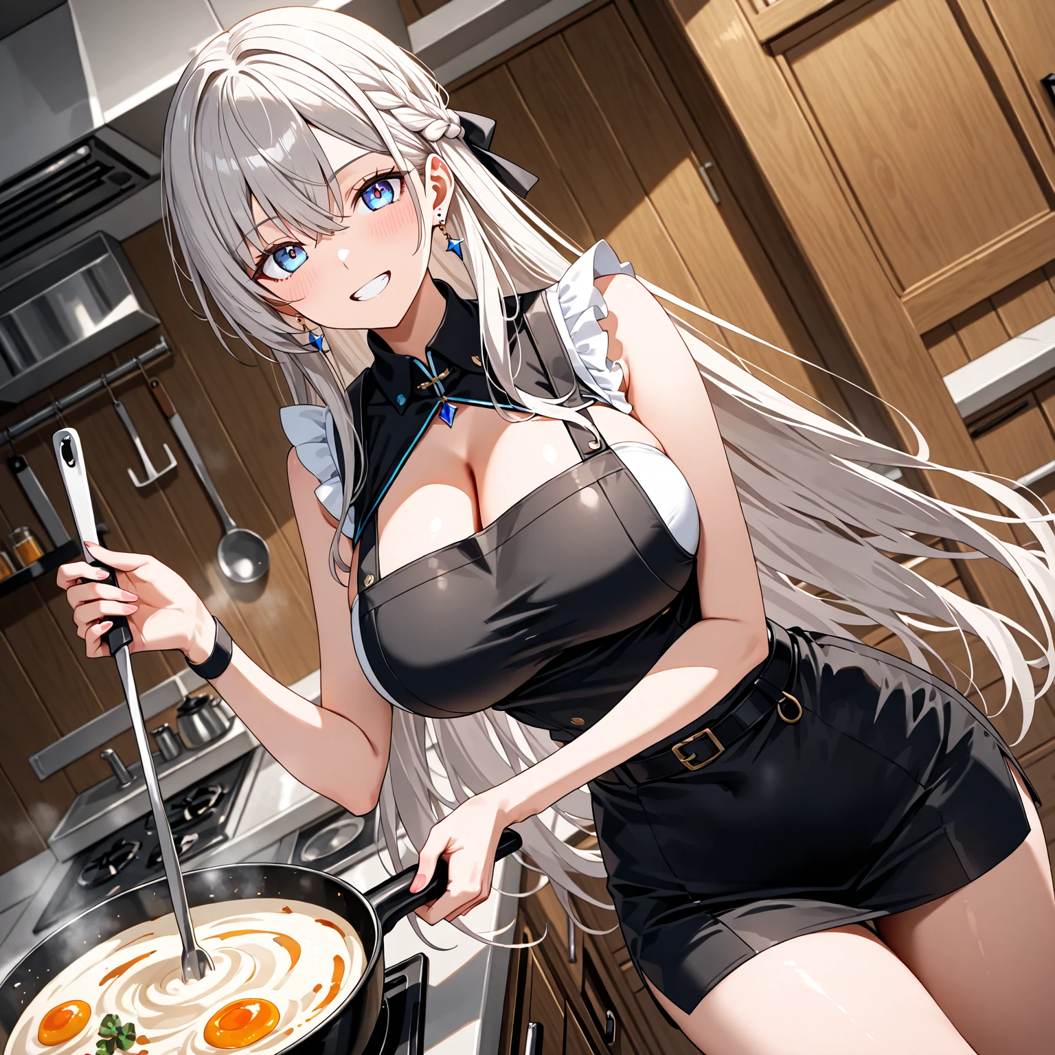 all realistic intricate details, masterpiece,detailed face,detailed skin,detailed eyes,shiny skin,shiny lips,highest quality,.syr Flova, gray hair, syr,maid headdress, green long dress, (((miniskirt ))),apron, smile, Happy, closed mouth, holding tray, bar, Shoulder bag,sitting,beautiful thighs,slender,white lace panties,white garter belt ,lift skirt,slim thighs,clothed,