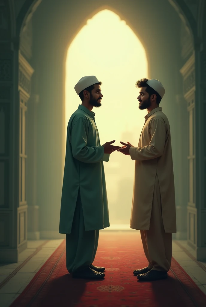 Prompt: The thief nervously speaks to the imam, his eyes wide with fear and shame. The imam listens with a kind, amused expression, showing no anger or fear. Bangladeshi