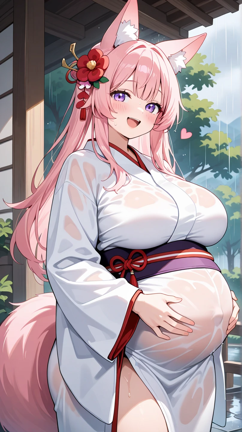 White hair girl in a shrine maiden outfit, raped and impregnated by man, restrained by man from behind, mans dick inside her pussy, man holding one of her breast, slightly pregnant belly, long hair, fluffy white eye lashes, fluffy ears, flower in hair, cleavage, Feminine smile, graceful movements, defined curves, cat walking next to her looking up happily, Cherry blossoms, peaceful atmosphere, Flashing of panties playfully, Nipple slip, large plump detailed nipples lactating milk, spraying milk from nipples, Orgasuming, mans dick in pussy, extra horney expression,