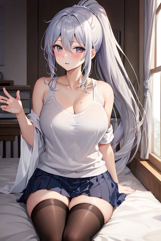 ((Masterpiece)), ((Best Quality)), (Ultra-detailed), ((kawaii)), Cute, (Lovely), ((Sexy)), (Ero), ((Extremely detailed)), 4K, (8K), Best Quality, (Beautiful), realistic, real, anime illustration, Anime style, Painting, full body, have a certain air of s, Dynamic Angle, cowboy shot, gym storeroom like a drama, sit on desk, (spread one's legs), gradation, full body focus, a cute girl, 12yo girl, 1girl, (Solo), (gym uniform:1.2), (see-through), beautiful anime face, (beautiful white hair color), (random color eyes), ((Beautiful eyes)), random hair style, curvy, (White-skinned:1.3), (huge breasts:1.3), Erect nipples, (embarrassed expression:1.4), (blush:1.5), closed mouth, (steam), sparkling effect, Lens Flare, shiny-glistening, gleaming
