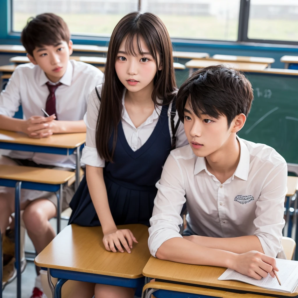 (1 man:1.8),The man is teacher,man is 50 year old,(man is smile:1.2),many is black shirt,(man show briefs:1.4),(the man is fullnude:1.2),2 girls,group,A good friend, office, sitting office chair, 15 year old, (Small breasts:1.3),(skinny:1.2),AKB48,nogizaka46,(navy blue blazer,white blouse,checked mini skirt,red ribbon,high school uniform:1.1),smile,beautiful girl,highest quality,High resolution,be familiar with,perfect anatomy,beautiful and fine eyes,(school:1.3),(classroom:1.5),(many student:2.0), Chair,Desk,laptop,(short ponytails:1.2),(black tights:1.2),(smile:1.2),(open legs:1.3),(cowboyshot:1.6),Young beauty spirit ,bsp,(full-face blush:1.5),(smile:1.2),anguish,(public indecency:1.0),(cry:1.2),(I'm on the phone:1.5),(front view:1.0),(Calling on smartphone:1.8),(hold a smartphone in hand:1.9),(handjob:1.5),(girl is fullnude:1.8),(show pussy:1.4),(skirt lift:1.4),