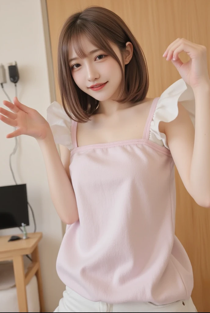Japanese,6 years old,Baby Face、Ultra-flat chest、Ultra short height、An innocent smile、Flat Chestのクローズアップ、Flat Chest:1.85、cute,Primary school students,Pink naked apron、So small and so young、On the bed:1.85、She gives me a good morning kiss:1.85、She spread her arms