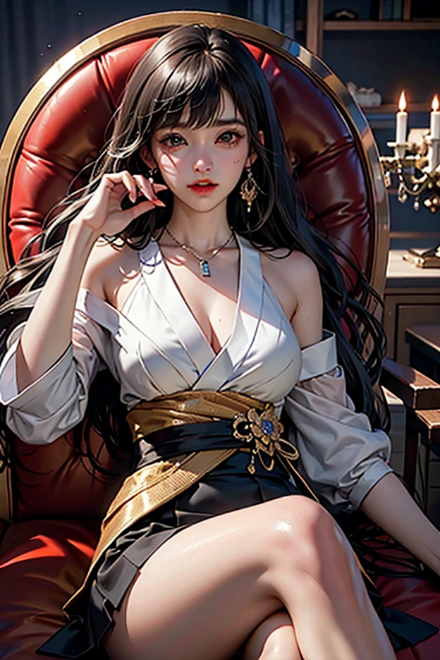 A beautiful young princess with black hair and blue eyes., she is wearing her beautiful long white dress