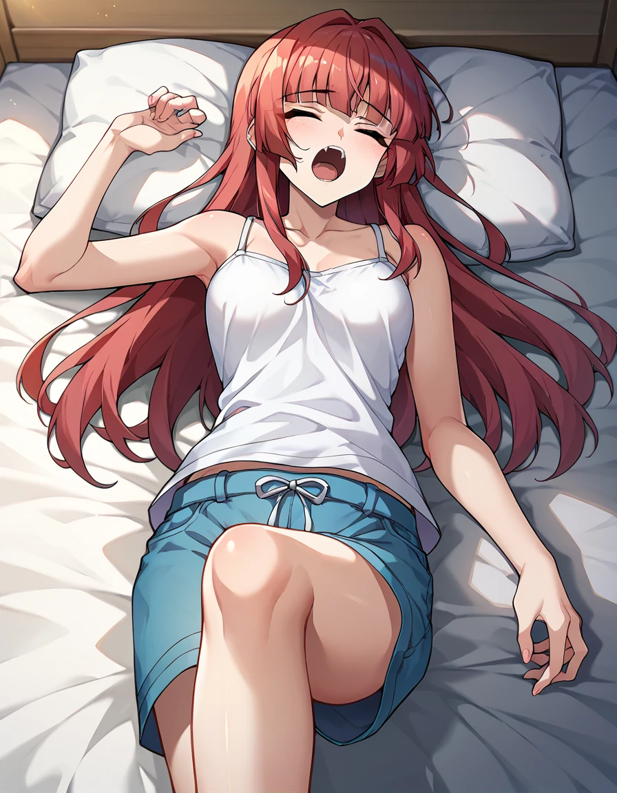 (Highest quality、Masterpiece、Very detailed、4K)、One Woman、17 years old、Light red hair、Twin tails、(((Nakano Nino)))、chest、arm、((((Beautiful armpits))))、(Sleeping in bed)、((((White wrestler tank top))))、((Panties))