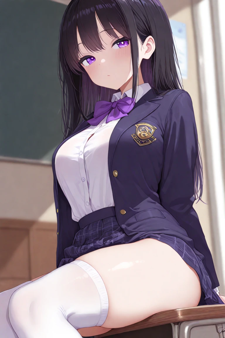 (((Spread your legs)))、Glasses、Uniform Blazer、Beautiful beauty、Long purple hair、((whole body))、(((Photo taken from below)))、school gate、Big Breastini skirt、Panties are black lace