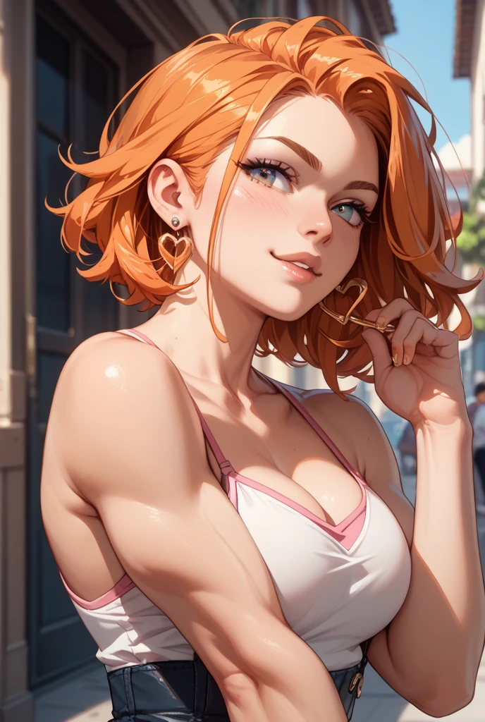 (masterpiece)(8k)(cute)(25-year old woman)(1girl:1.5)(solo:1.8)(wild hair:1.3)(short hair:1.3)(orange hair)(shiny hair:1.2)(flat chest:1.3)(white bandana:1.2)(green pupils)(glossy skin:1.2)(glossy lips)(glossy eye-shadow:1.2)(shiny)(playful)(choker necklace)(pink hoodie:1.2)(panties:1.3)(happy and smiling:1.3)(energetic:1.2)(sweaty:1.4)(detailed facial features:1.2)(bright)(new england)