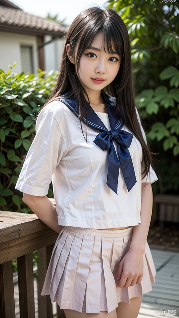 (best quality, 8k, 32k, masterpiece, UHD:1.2), (RAW photo), (realistic), (photorealistic:1.2), (high resolution), huge filesize, ultra-detailed, extremely beautiful face & eyes, 1girl, (loli, 13 years old, middle schooler:1.2), young woman, round small face, thin waist, gigantic breasts, slim proportions, (japanese sailor school uniform, sailor fuku, serafuku, japanese school sailor suit, darkblue pleated skirt:1.27), (from below, white panty crotch, panty shot, panchira:1.35), city rooftop at dawn,