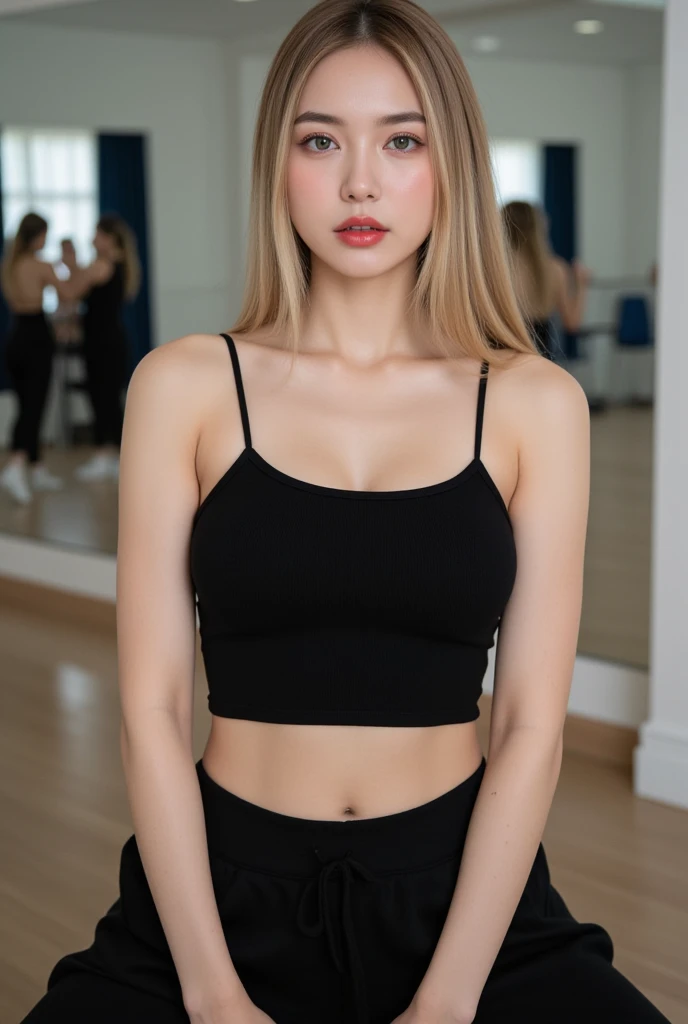 (Artoria Pendragon), sportsbra, leggings, girl, waist up, smile, beautiful lighting, deep shadow, best quality, masterpiece, ultra highres, photorealistic