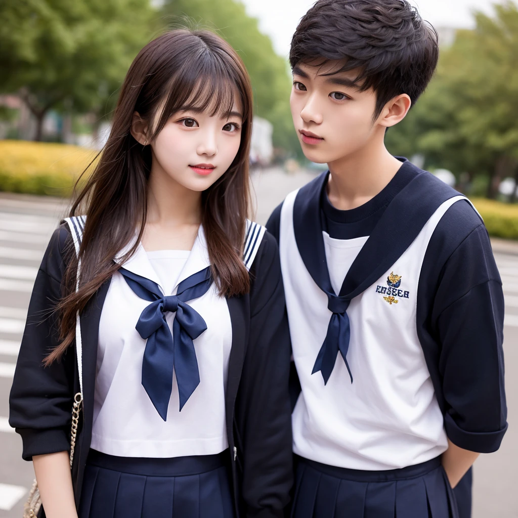 Boy and girl and both are in college and both have uniforms and both have bags around their necks