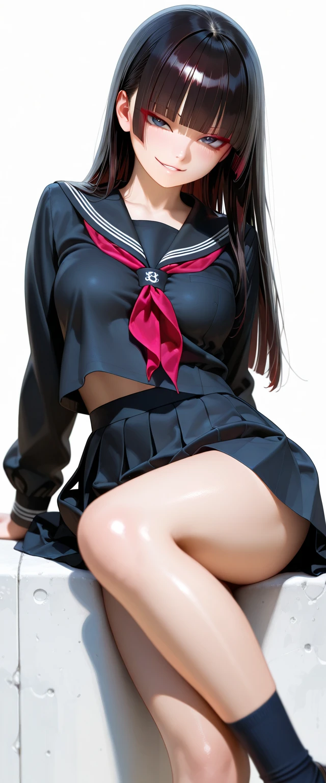 1girl, pretty, wicked smile, hot, sexy, expressive face, expressive eyes, sex, blushing, lewd, innocent expression, full lips. looking at the viewer, posing for a picture, legs open, small breasts, small hips, small waist, loli, young girl (best quality) (best detail) teen girl, teasing expression, pouting, school girl uniform, tits covered, skirt.