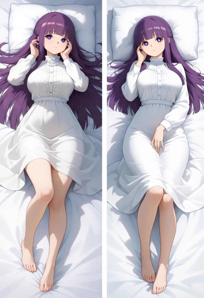 (masterpiece, best quality:1.1),(mature female:1.1), capture excellent full-body shots,white bedsheet background, barefoot,lying on bed, <lora:Kafka:0.7> ,kafka,1girl, purple hair, long hair, bangs, purple eyes, eyewear on head,tight dress,intricate pose,tall female,sweater dress,