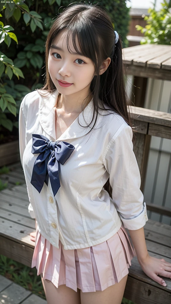 A neat and clean female junior high school student、 people々、Outside the stadium、Photorealistic、detailed, Skin Texture, 超detailedな、Delicate and sexy collarbone、Laughter、超detailedな顔、detailedな、double eyelid、White panties are visible from under the skirt、((Are standing、 uniform、Sheer white shirt、Navy blue ribbon on collar、Dark blue pleated micro mini、Pure white panties))、She turned her butt towards the camera、face looking at the camera、Skirt Lift