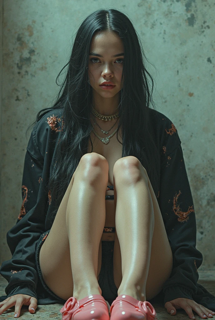 Emo goth girl who’s belly is full of water and it on the floor due to how big it is