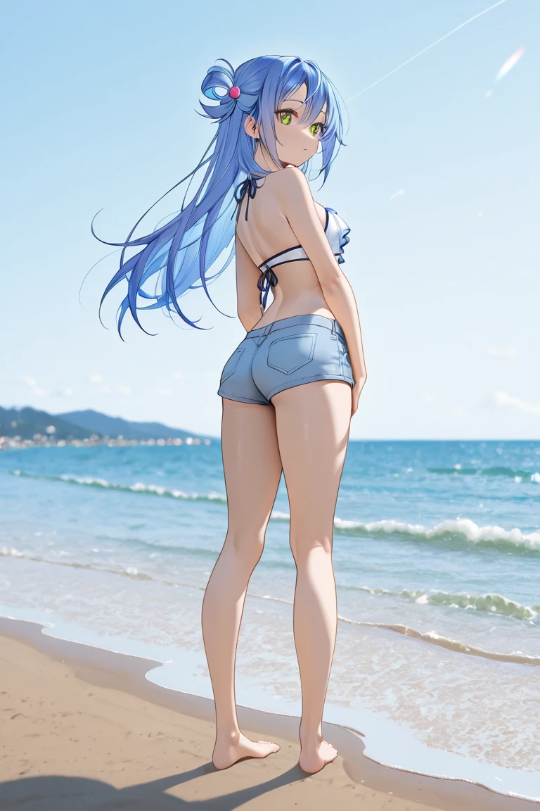 (highest quality,4K,8k,High resolution,masterpiece:1.2),Very detailed, Realistic, photo-Realistic,A woman with good looks,Asian Woman,three woman:1.3,stand in a line,cute,cute eyes, stylish female body,baby face, break, large white colored shirt:1.3, break, blue colord small panties:1.5, lace, break, long hair, blonde hair,various colored hair, back view, Focus on the buttocks, sandy beach , smile, ((sweaty skin))