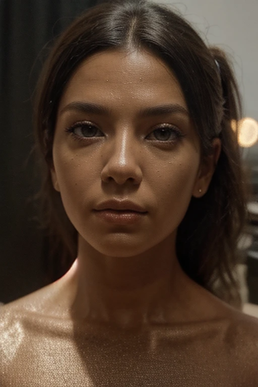 a photorealistic portrait of a young latina woman in her twenties, dark hair, expressionless face, no smile, intricate details, high quality, ultra-detailed, cinematic lighting, dramatic contrast, moody atmosphere, realistic skin texture, lifelike eyes, highly detailed facial features, masterpiece, 8k