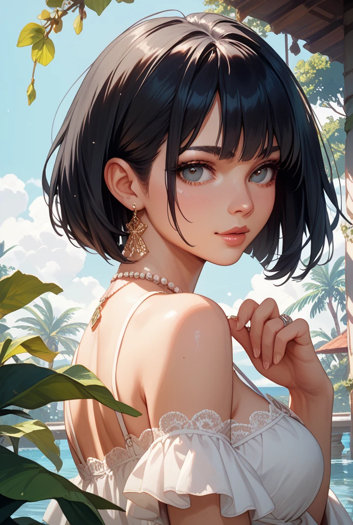 (Best quality, 8k, 32k, Masterpiece, UHD:1.2),Photo of Pretty Japanese woman,black short hair,beauty face,(leaning forward:1.3),squatting,(from above:1.2),(close up:1.4),pov,,looking at another,smile, loose t-shirt,large breasts,beautiful nipple slip,outdoors,windy,shiny skin,blurry background