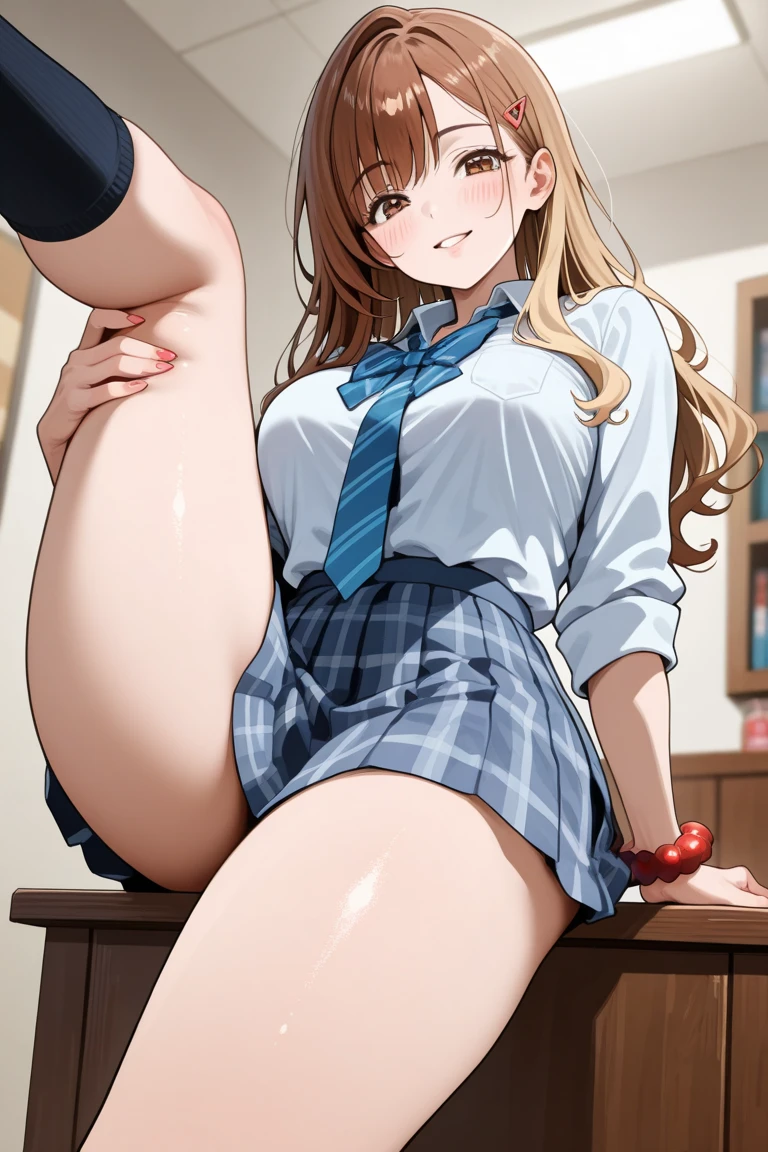 Minami Kotori、lovelive 、share indirect write、One girl in a mini skirt, Sit with your legs wide apart、A seductive smile、Looking down at the viewer, Plump thighs, Highest quality, Focus on the thighs, Spread your legs wide, smile, blazer, blouse, はだけたblouse、Light green panties、Black knee socks, classroom,My crotch is steamy 、Sweaty knee socks、Show the soles of your feet、Sweaty feet、Stain on the pussy line of panties