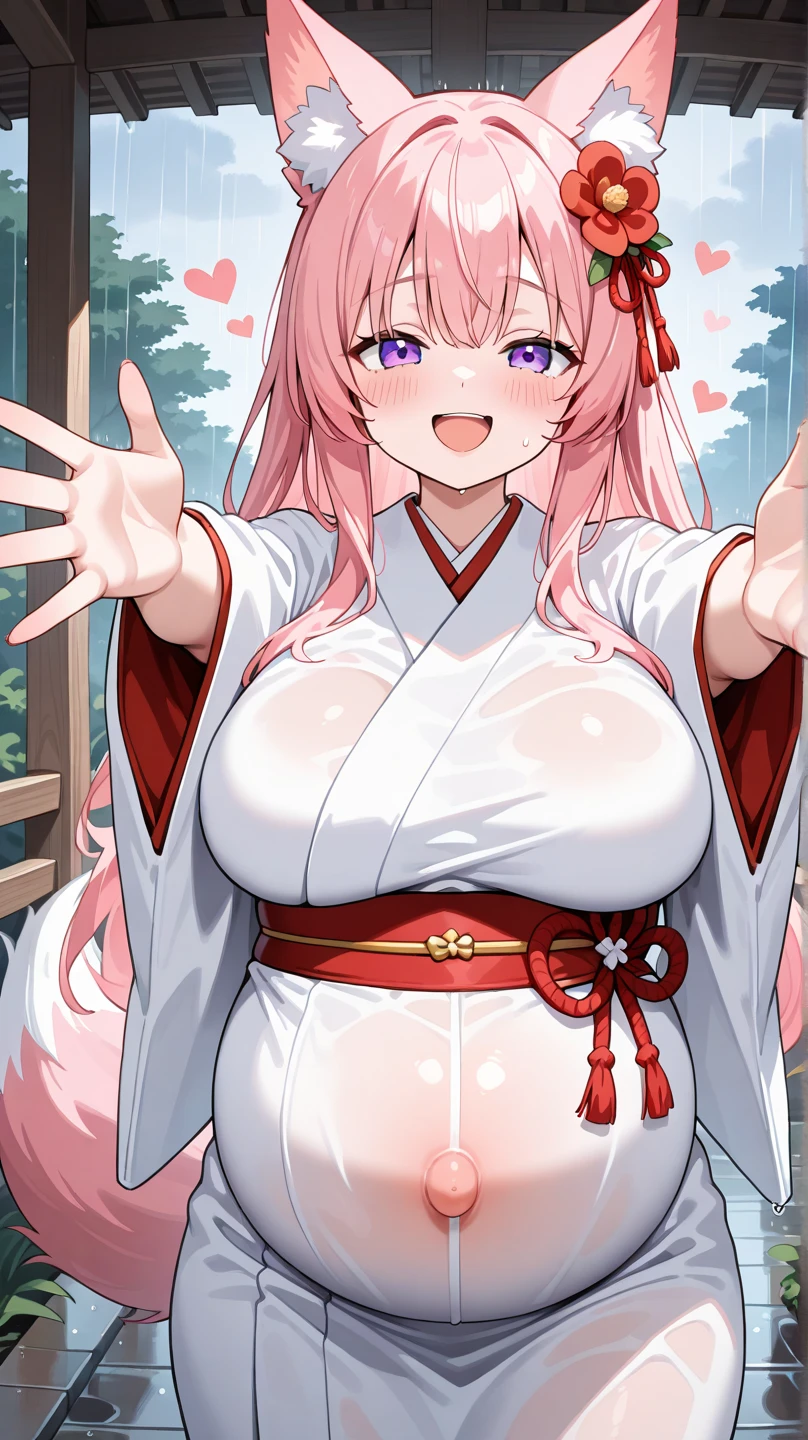 masterpiece:1.2, High resolution, Anime Style, nsfw, Japanese Room, night, Candlelight, male pov, Face Enhancement, One fox female, Yellow Eyes, Pale pink hair, Long Hair, ponytail, Pale pink fox ears, Pale pink fox tail, stand, Spread your arms, blush, Estrus, smile, ((huge breasts:1.4)), Curvy Body, Hami Breasts, miko costume, sleeveless, Hakama, Long-sleeved kimono, White Stockings, Micro Bikini, Thong,
