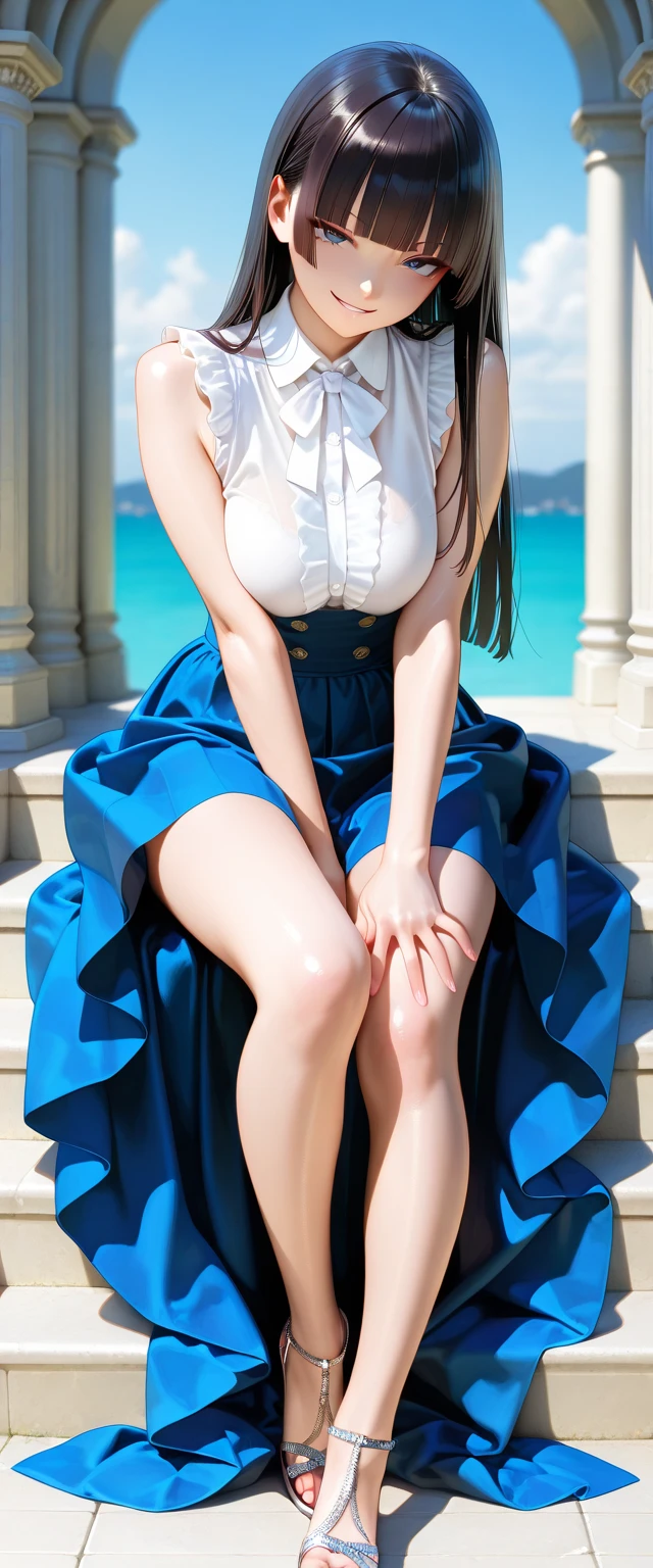 nikon RAW photo,8k,Fujifilm XT3,from below,HDR,masterpiece,best quality,realistic,photorealistic,ultra detailed,extremely detailed face,bookstore,cinematic lighting,gril,1girl,solo,(full body:0.9),(verybig breasts:1.4),earrings,(high heels:1.5),(ulzzang-6500:0.6),(pureerosface_v1:0.6),sea,(beach:1.2),blue frilled dress,windy,(wind lift:1.2),crazy smile,