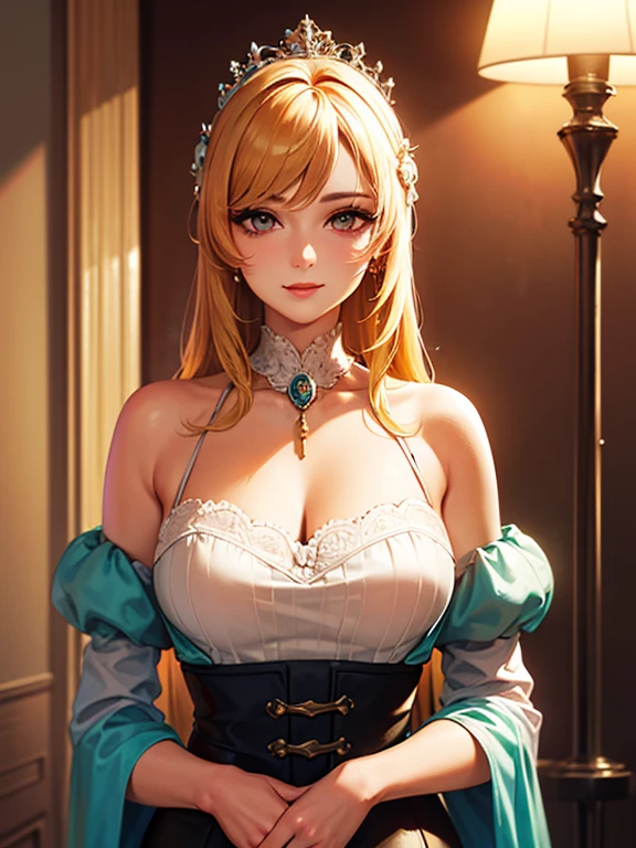 Masterpiece, high quality, 8k, ultra detailed, detailed face, (huge breast), standing, blush, bright eye, indoors, (detail face), jeandef, stand up straight,