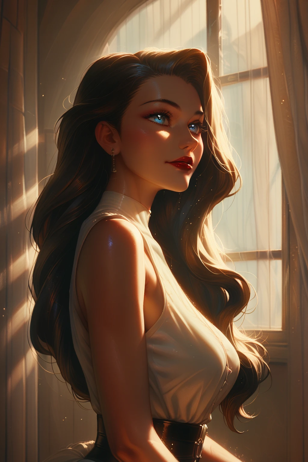 Extreme Beautiful girl from austria, hyperrealistic face, long brown hair, 25 years old, medium breasts, dynamic pose, sexy top, realistic modern appartment background